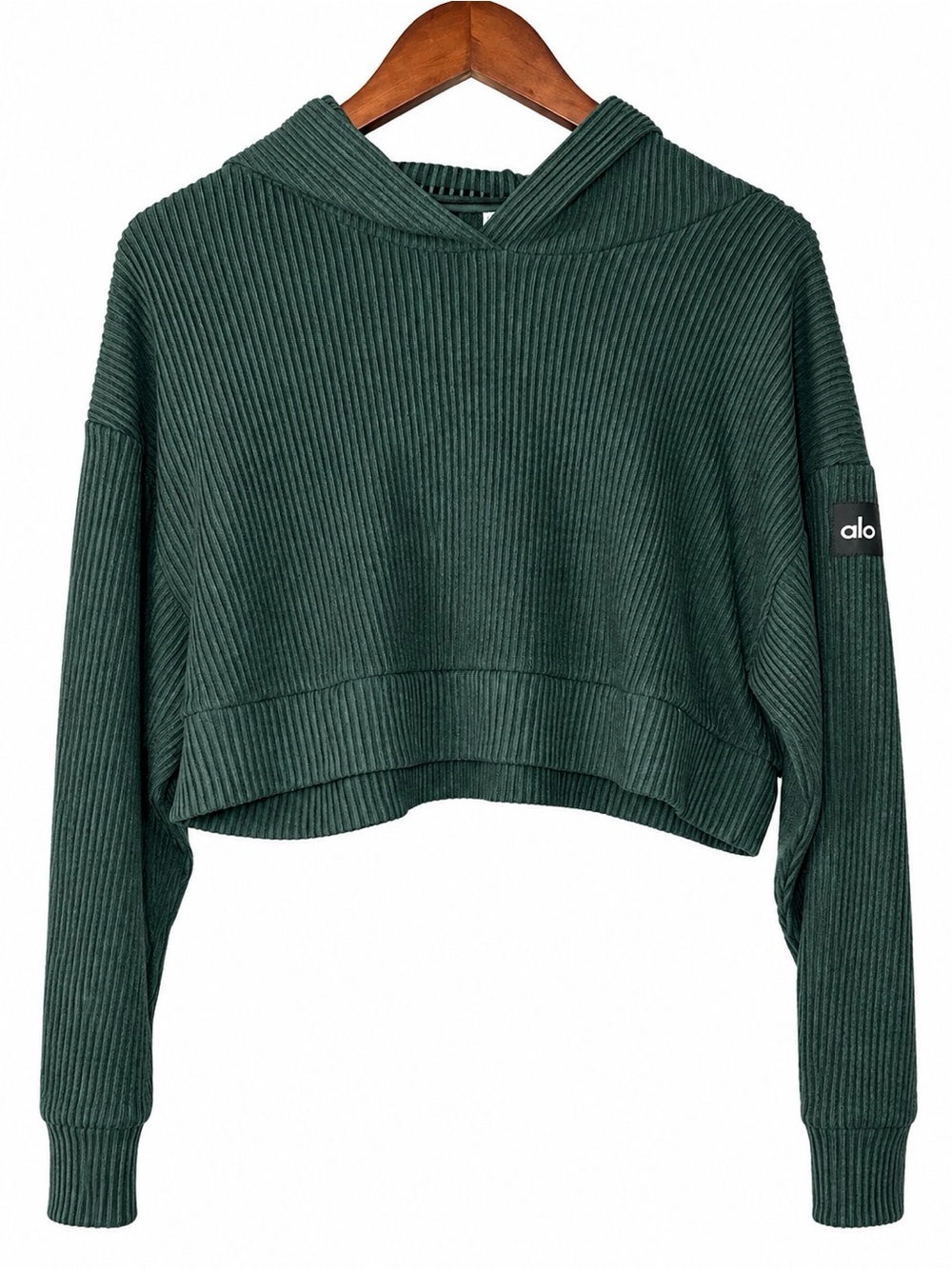 ALO Yoga Muse Ribbed Cropped Hoodie Midnight Green Size S